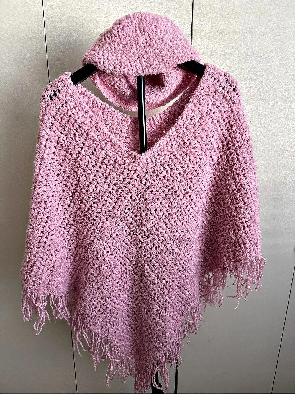 Pink Knit Poncho with Matching Hat